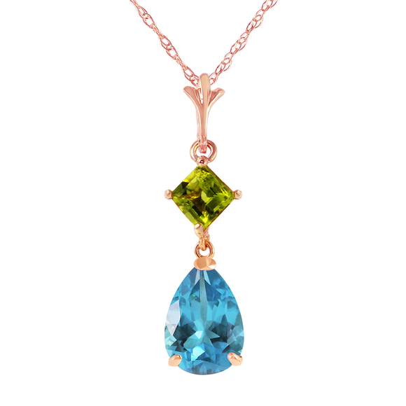 14K. SOLID GOLD NECKLACE WITH BLUE TOPAZ & PERIDOT (Rose Gold)